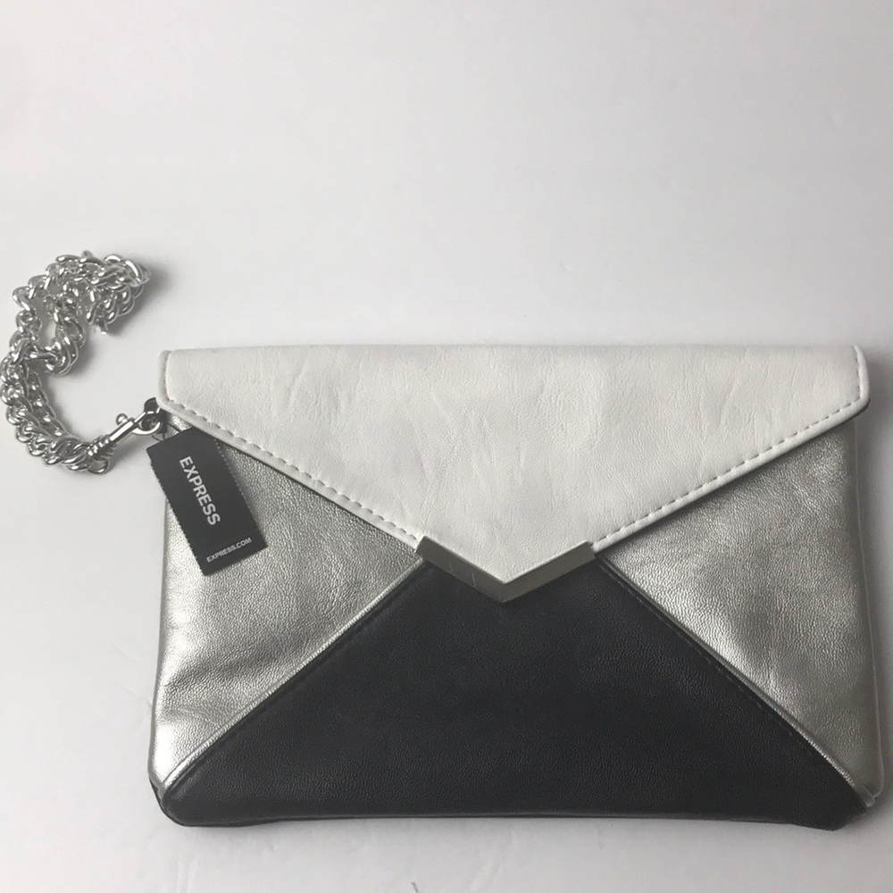 EXPRESS CLUTCH BAG WRISTLET BLACK/SILVER/WHITE NEW